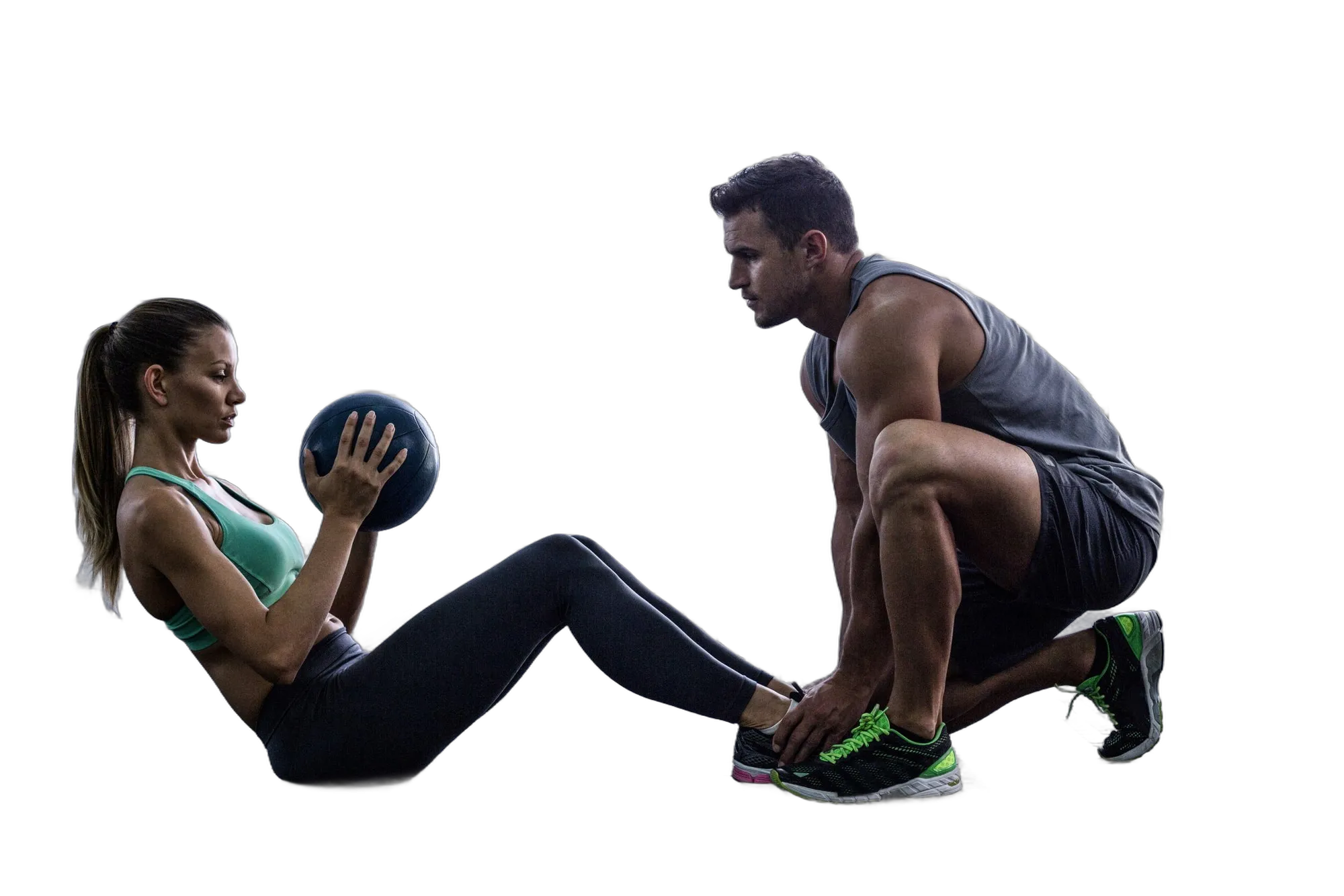 A personal trainer coaching a client through a core exercise